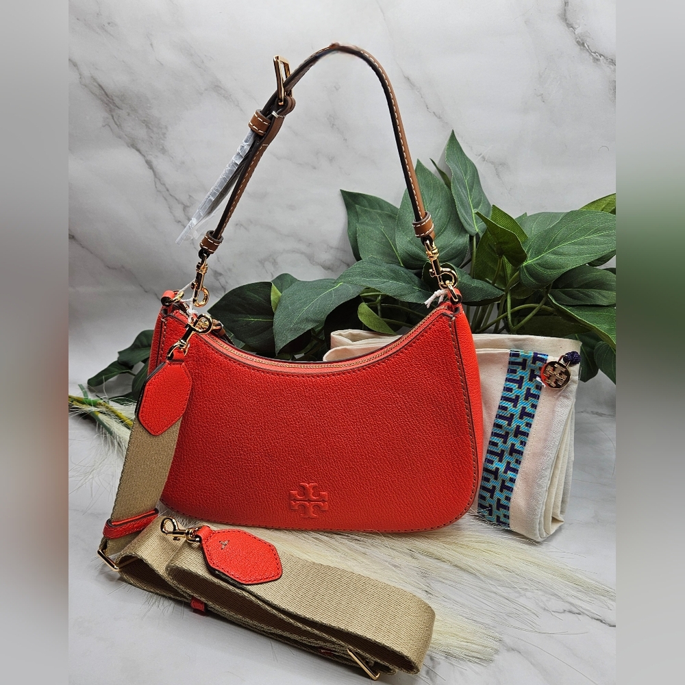 Tory Burch nwt Thea Textured Convertible Leather shoulder Crossbody Poppy Red